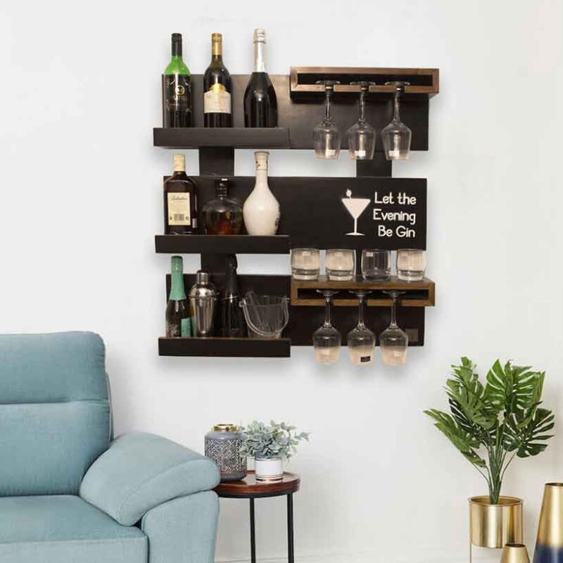 Fine Wood Hub Solid Hanging Mounted Wine Rack Mini Bar for Home Sheesham Wood Hub with Glass Storage Home Decor Kitchen Bar Bar Cabinet Stylish Bar Cabinet Multi-functional storage solid wood