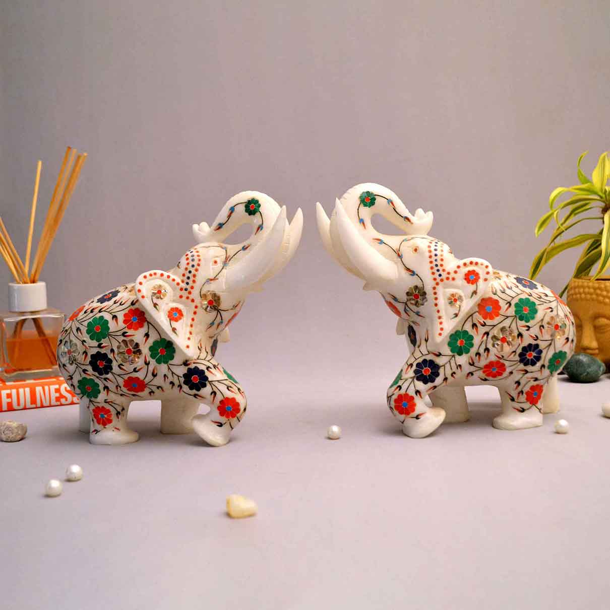 Decorative Sara Marble Precious Stone shops Inlay Elephant Display