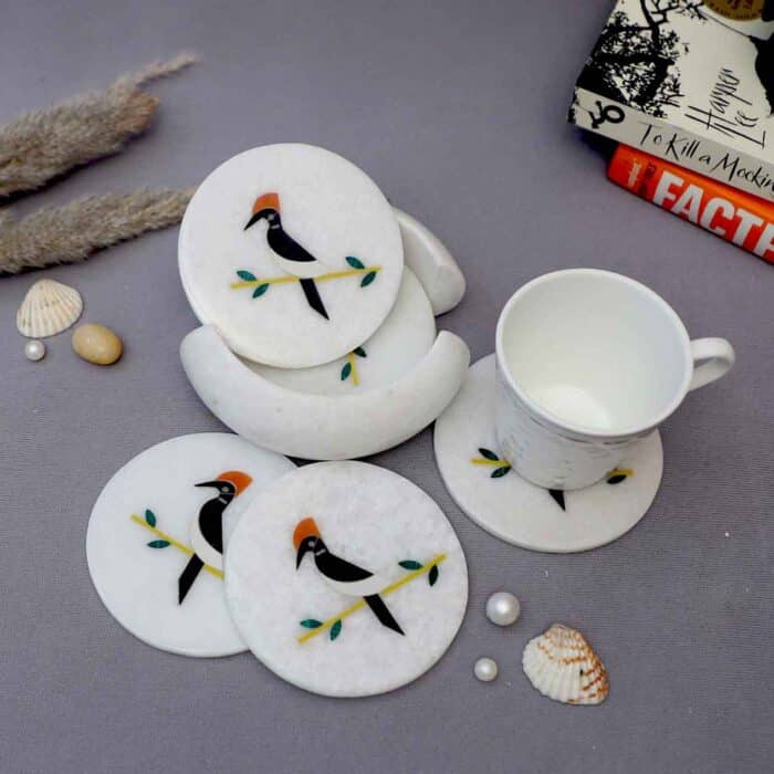 marble coasters set of 6 handcrafted precious stone inlay coasters tea and coffee coaster hand carved coasters with Stand marble coasters with holder coaster for glasses and dining table marble coasters with inlay work