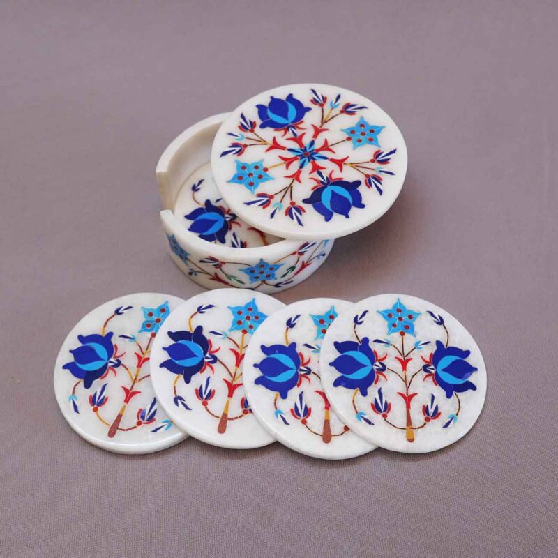 marble coasters set of 6 handcrafted precious stone inlay coasters tea and coffee coaster hand carved coasters with Stand marble coasters with holder coaster for glasses and dining table marble coasters with inlay work