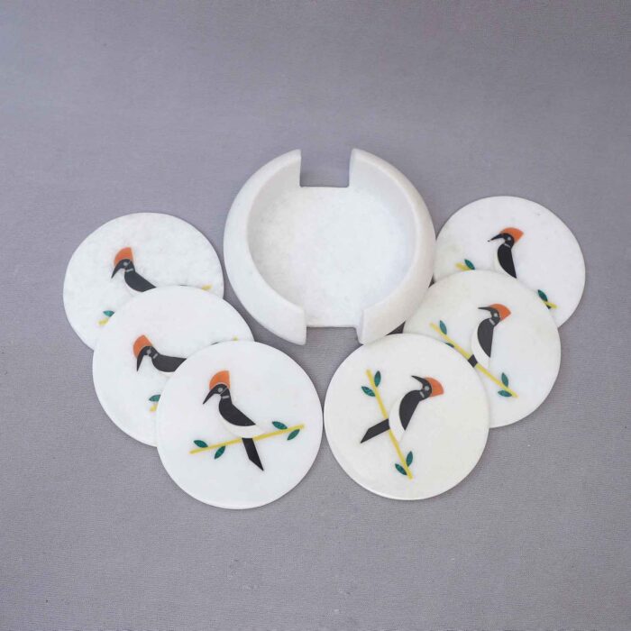 marble coasters set of 6 handcrafted precious stone inlay coasters tea and coffee coaster hand carved coasters with Stand marble coasters with holder coaster for glasses and dining table marble coasters with inlay work