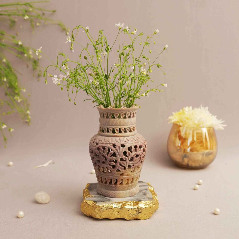 Marble Flower Vase Handmade Flower Pot Carving Semi Precious Stone Decorative Vase Home and Office Décor Soapstone Flower Carving Vase Decorative new design vase Soapstone Vase Flower Vase for kitchen vase for dining table