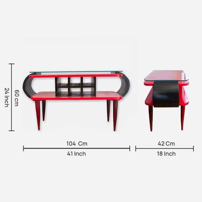 red and black bar table with glass top and sleek wood legs