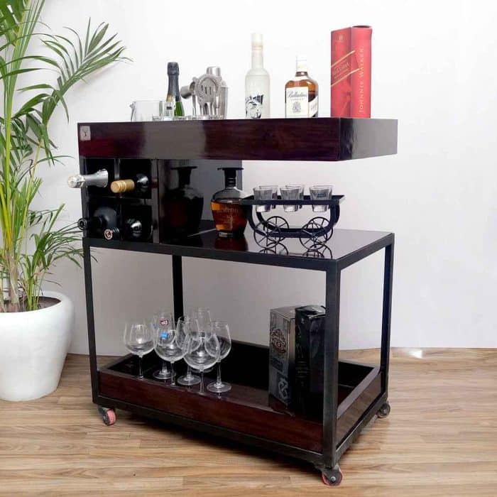 wooden and metal bar trolley with wheels