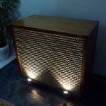 wooden bar counter with jute rope detailing on the front