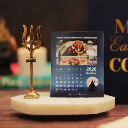 desk calendar 2026 with 12 jyotirlinga months with a brass trishool