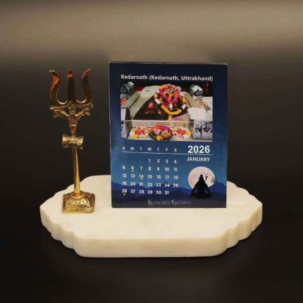 desk calendar 2026 with 12 jyotirlinga months with a brass trishool