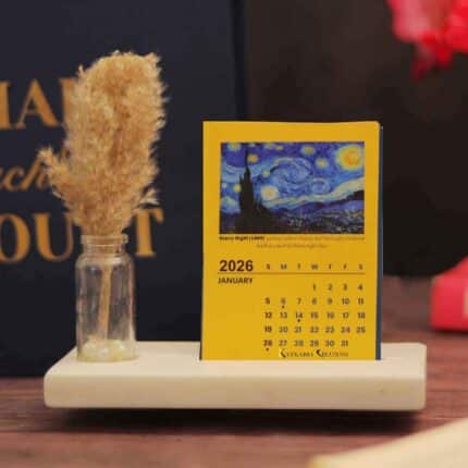 Van Gogh mini desk calendar 2026 with marble base and pampas grass