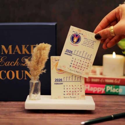 12 zodiac mini desk calendar 2026 with marble base and pampas grass