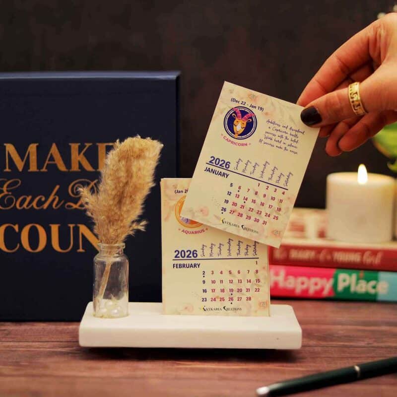 12 zodiac mini desk calendar 2026 with marble base and pampas grass