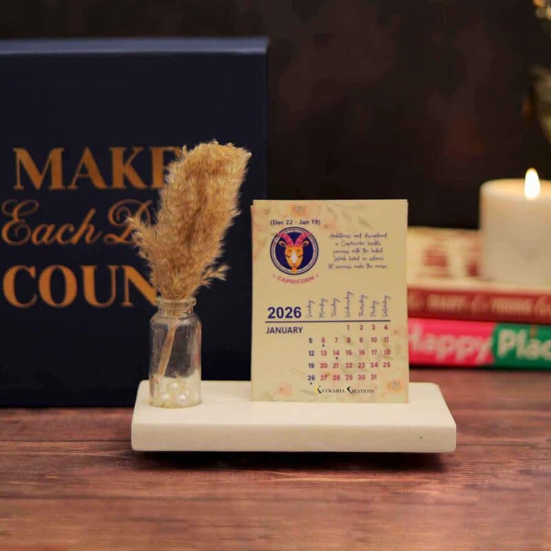 12 zodiac mini desk calendar 2026 with marble base and pampas grass