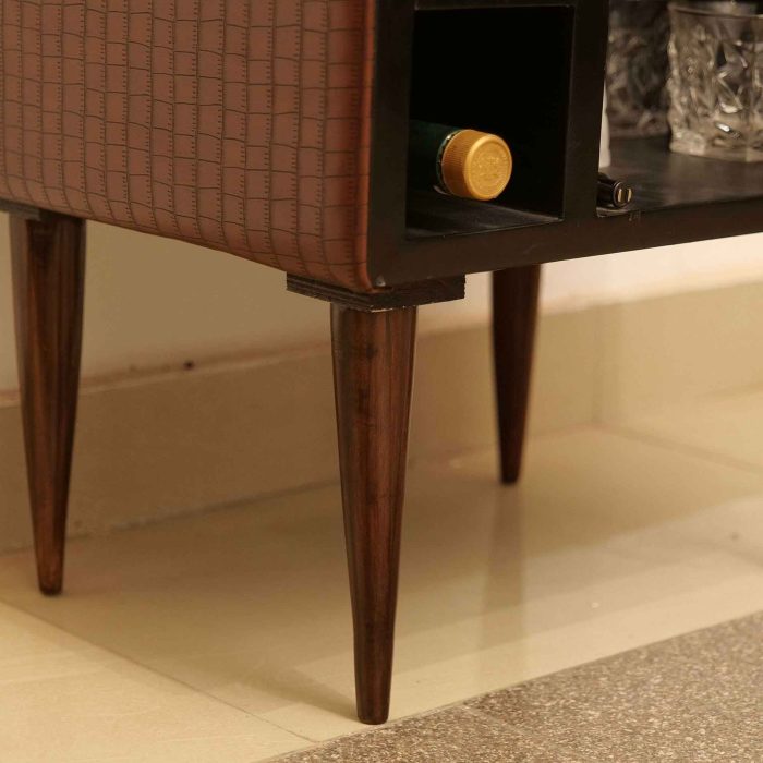 small leather bar cabinet for compact spaces with wooden legs and glass doors
