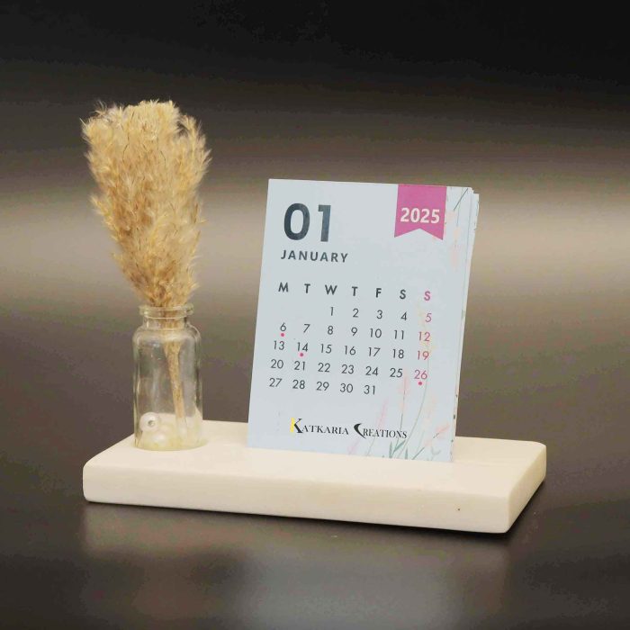cute desk calendar 2025 with marble base and pampas grass