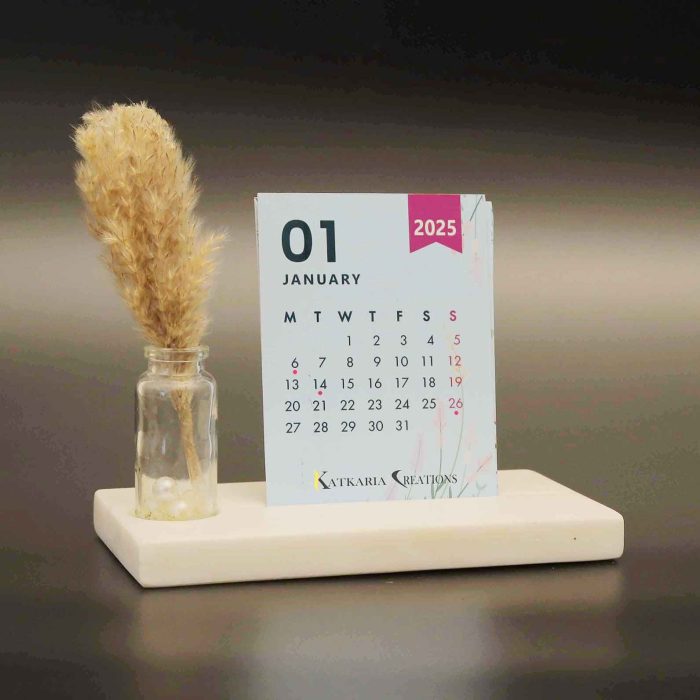 cute desk calendar 2025 with marble base and pampas grass