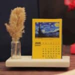 van gogh mini desk calendar 2026 with marble base and pampas grass