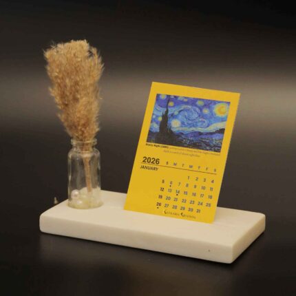 van gogh mini desk calendar 2026 with marble base and pampas grass
