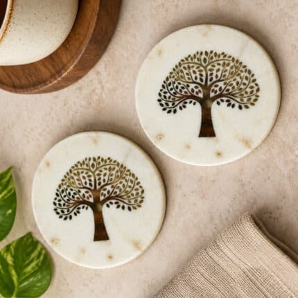 White Marble Coaster With Brass Tree Sticker
