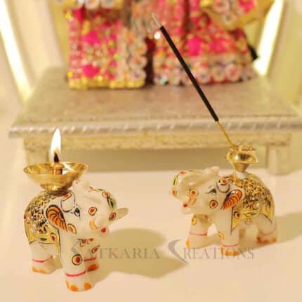 marble elephant diya, brass diya, agarbatti holder, incense stick holder, marble elephant statue, elephant figurine, brass incense stand, marble incense holder Marble Diya diya for puja Agarbatti Stand