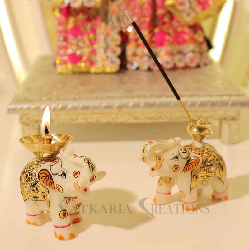 marble elephant diya, brass diya, agarbatti holder, incense stick holder, marble elephant statue, elephant figurine, brass incense stand, marble incense holder Marble Diya diya for puja Agarbatti Stand